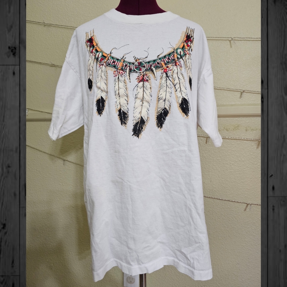 Vintage Diamond Dust Native American Glitter Feather Multicolored Tshirt XL
